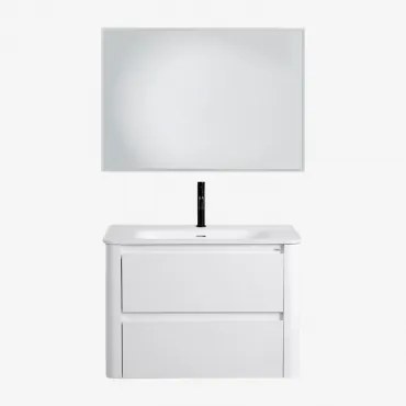 Conjunto De Móvel De Casa De Banho Suspenso 80x50 Cm Em Madeira Com Lavatório Integrado Egerton Branco & Led Retangular E Anti-embaciamento - Sklum