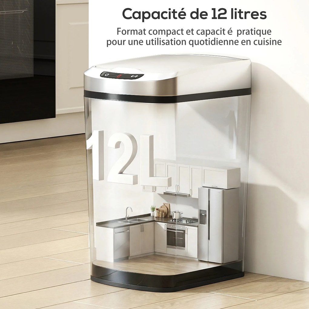 Caixote do lixo de cozinha automático de 12 L em aço inoxidável, com sensor e tampa, 28 x 22 x 41 cm, prateado