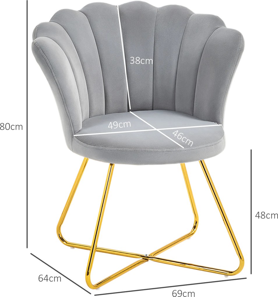 Poltrona em forma de concha, cadeira de Toucador, poltrona em veludo, poltrona de sala com pés em aço, 69 x 64 x 80 cm, cinzenta
