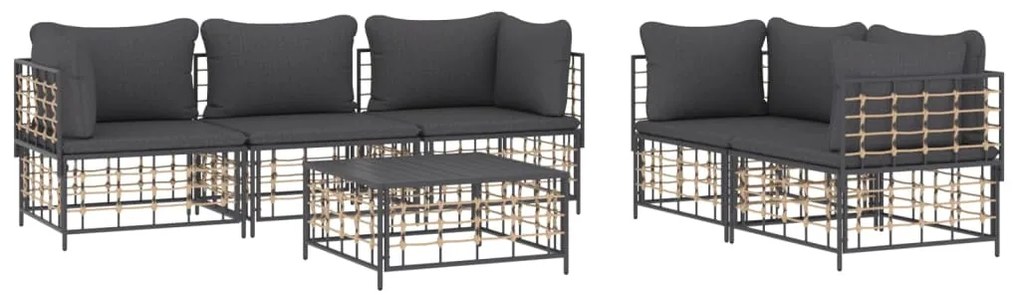 6 pcs conjunto lounge de jardim c/ almofadões vime PE antracite