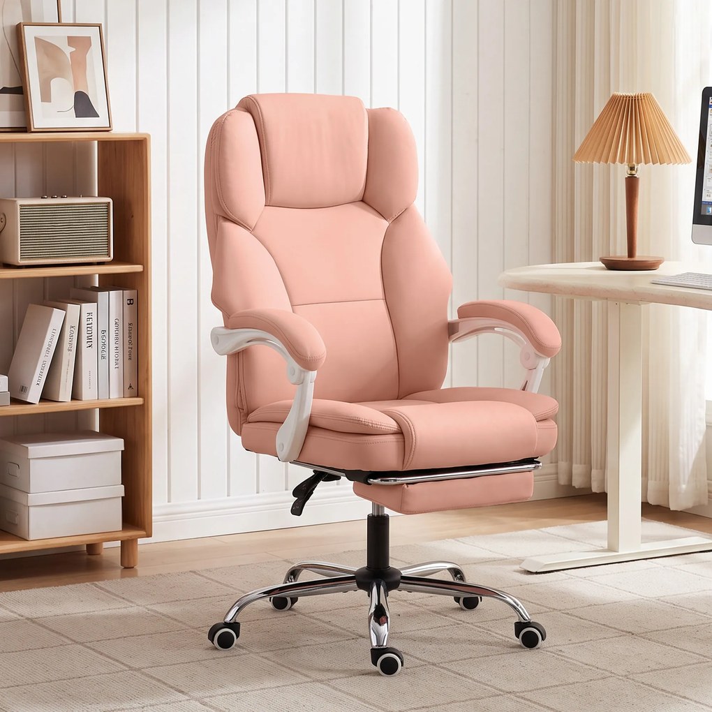 Cadeira de escritório ergonómica, cadeira de escritório reclinável em couro sintético, adequada para animais de estimação, altura ajustável, cor-de-ro
