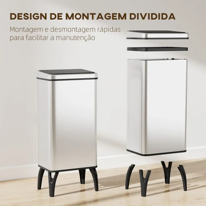Caixote de Lixo 35,5x26x83,5 cm Automático 50 L em Aço Inoxidável com Sensor Infravermelhos e Aro de Retenção Prata