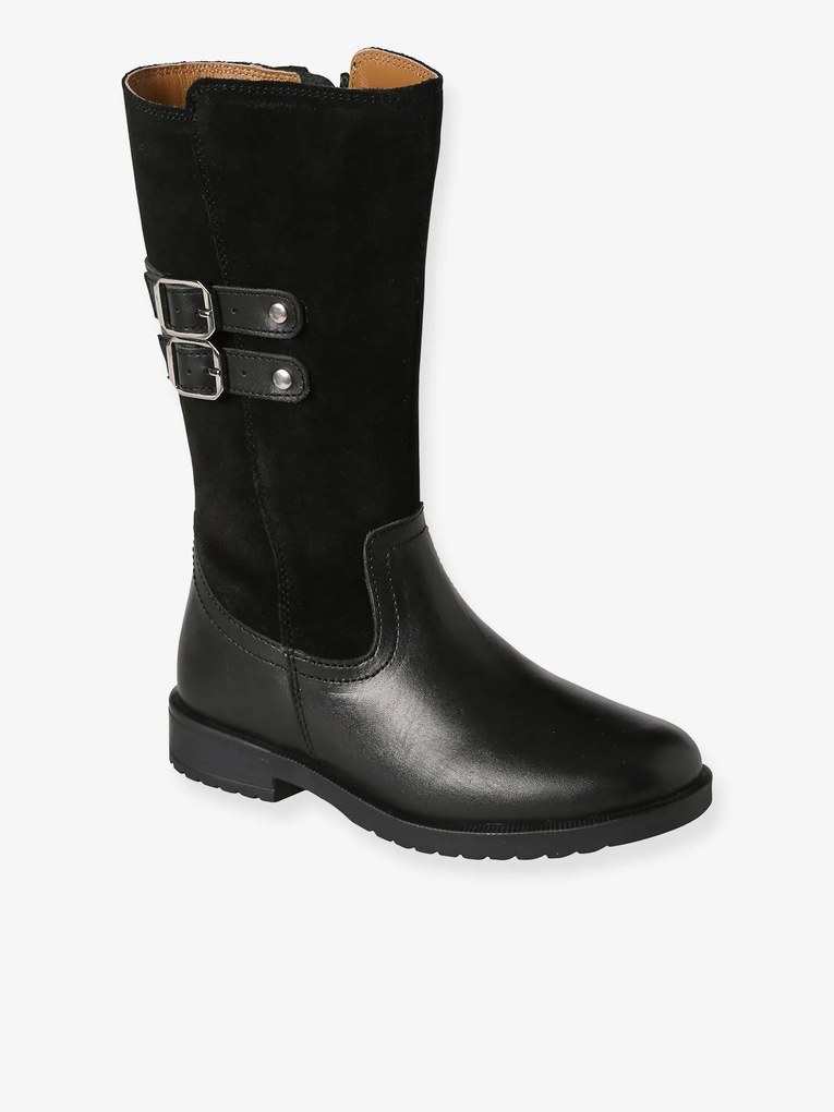 Agora -40%: Botas à cavaleiro, em pele, com fecho, para menina preto