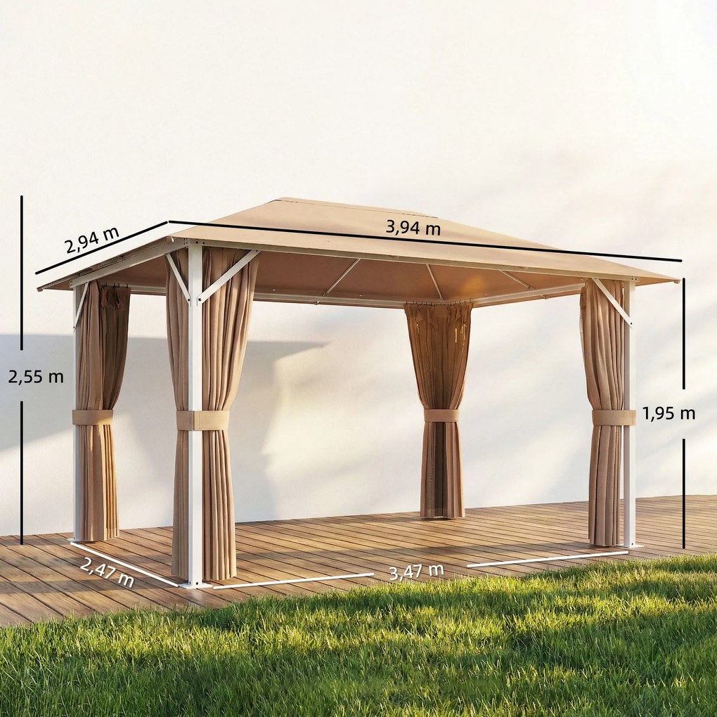 Pergola para Jardim 3x4 m com Telhado Ventilado, 4 Painéis e 4 Mosquiteiras UPF50+ para Exterior, Terraço Caqui