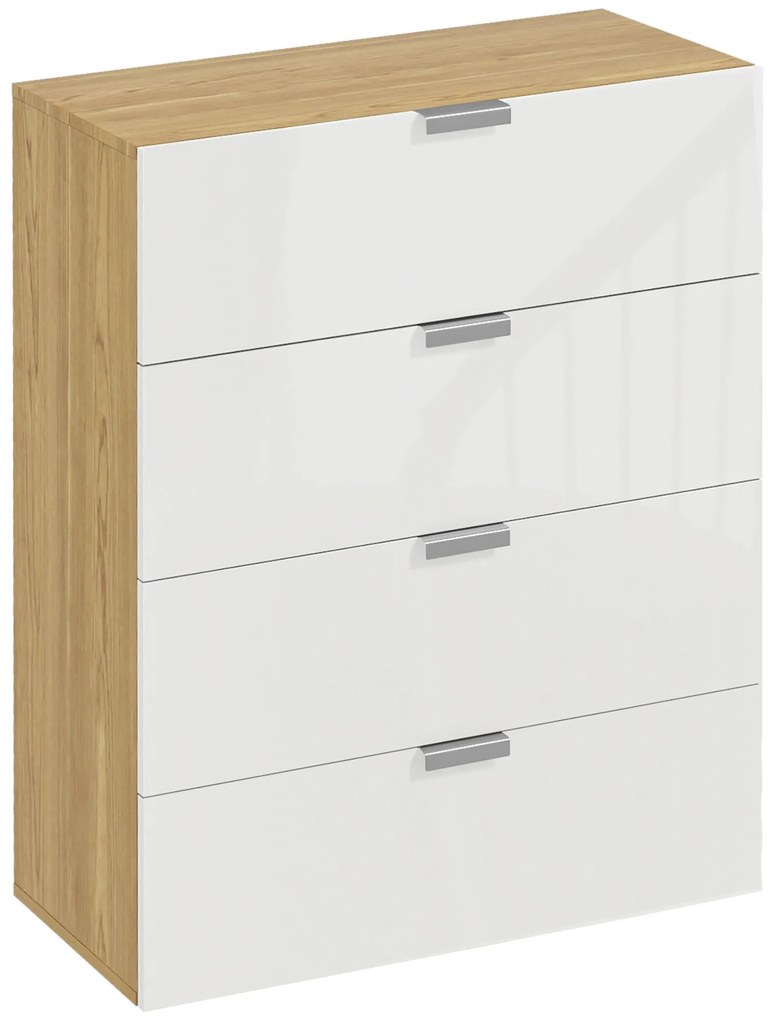 HOMCOM Cómoda com 4 Gavetas de Alto Brilho Cómoda de Madeira de Estilo Moderno 70x35x92 cm Branco e Madeira