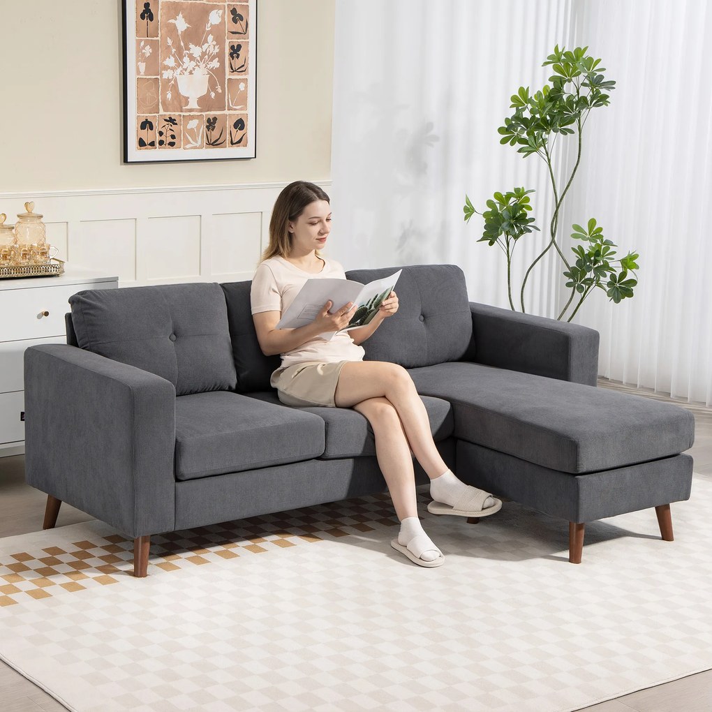Sofá Chaise Longue Reversível Sofá de Canto em Forma de L de 3 Lugares Estofado em Veludo Cotelê 192x137x84 cm Cinzento Escuro