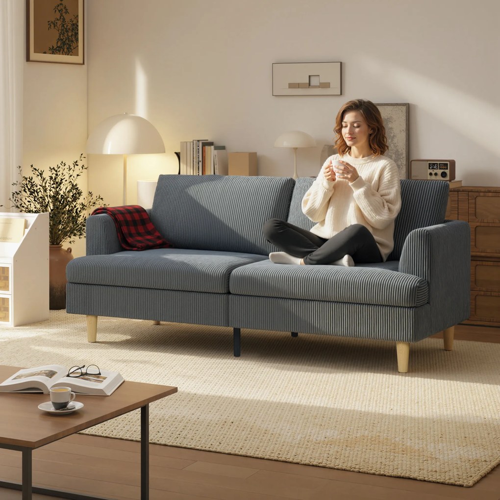 Sofá de 3 Lugares Revestido em Veludo Almofadas Espessas com Molas Assento Largo 2 Almofadas 188x80x86 cm Cinzento Escuro