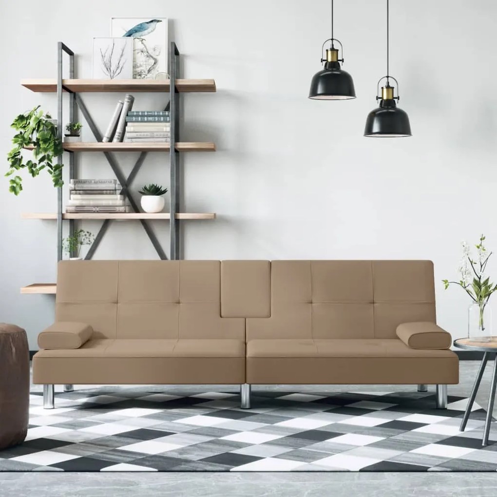 vidaXL Sofá-cama c/ suporte para copos couro artificial cor cappuccino