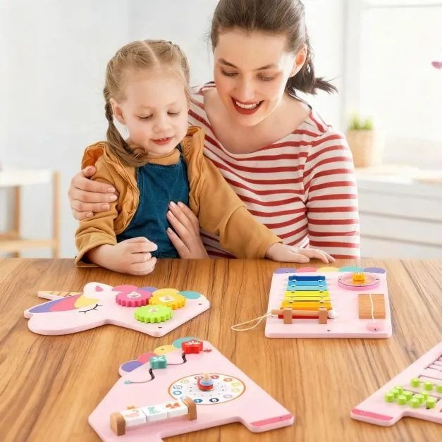 Painel de atividades Unicórnio 11 em 1 de madeira Montessori sensorial para educação infantil e sala de jogos rosa