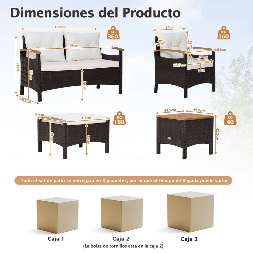 Conjunto de jardim de 7 peças em rattan com almofadas 2 Pufes e 2 mesas Tampo da mesa e apoios de braços Castanho misto e Branco