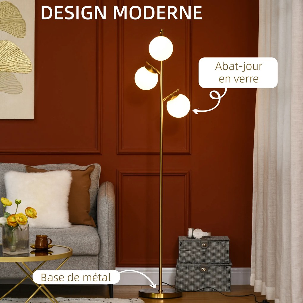 Candeeiro de pé para sala de estar em metal com 3 abajures esféricos brancos em vidro fosco, 40 W, Ø 27 x 169 cm (altura), acabamento dourado