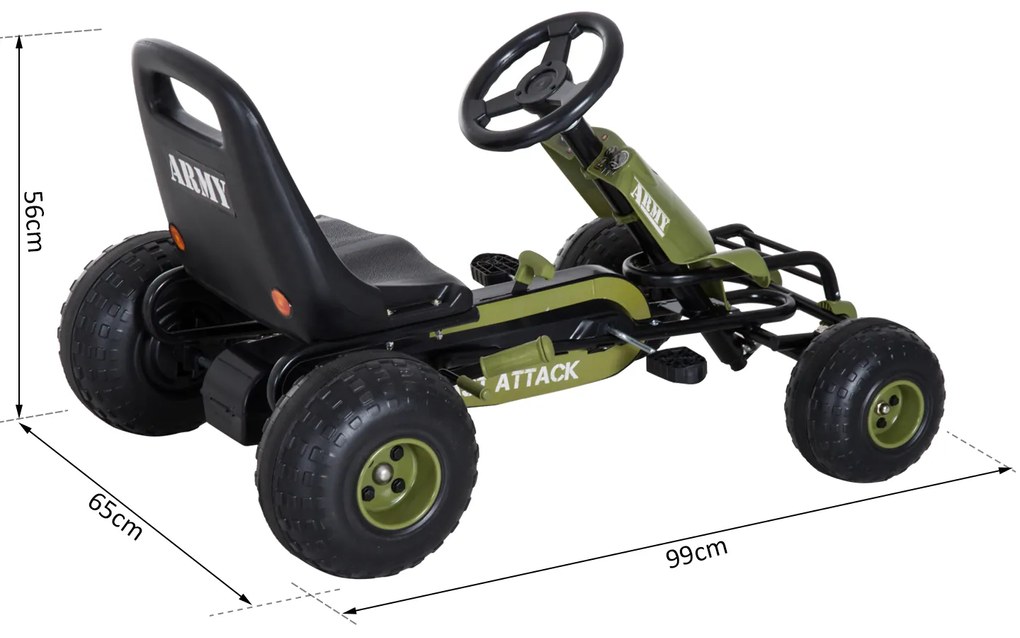 Carro de Pedais Desportivo com Assento Ajustável Embraiagem e Travão para Crianças acima de 3 Anos Carga 35kg 99x65x56cm Quadro de Aço Preto e Verde