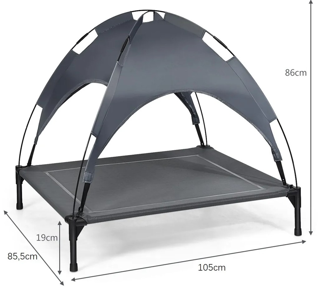 Cama de cão com toldo removível e armação de aço Ideal para Campismo Jardim 105 x 85,5 x 86 cm Cinzento