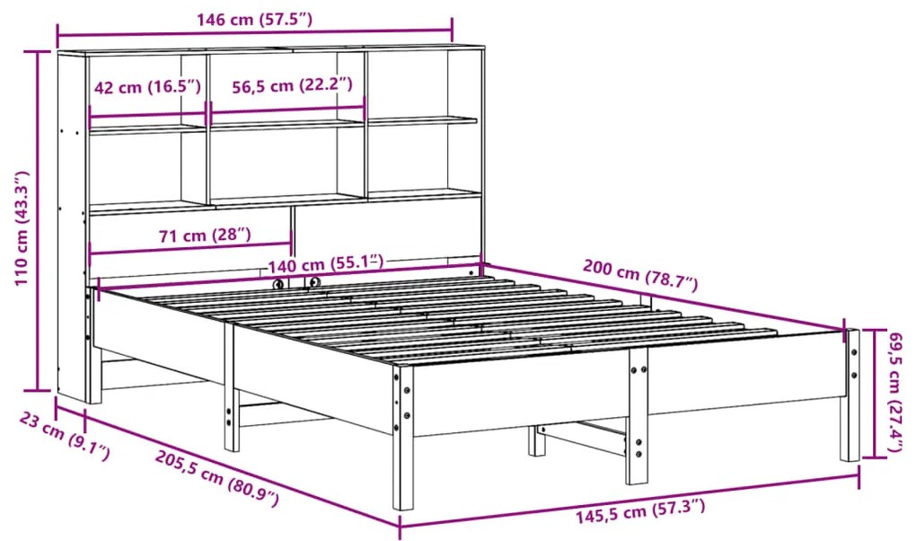 Cama com estante sem colchão 140x200 cm pinho maciço branco