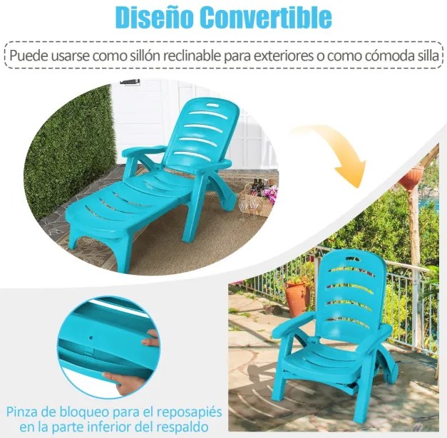Espreguiçadeira dobrável para jardim, cadeira reclinável ajustável ao ar livre com rodas resistentes em 5 posições, pátio, piscina, praia, verde