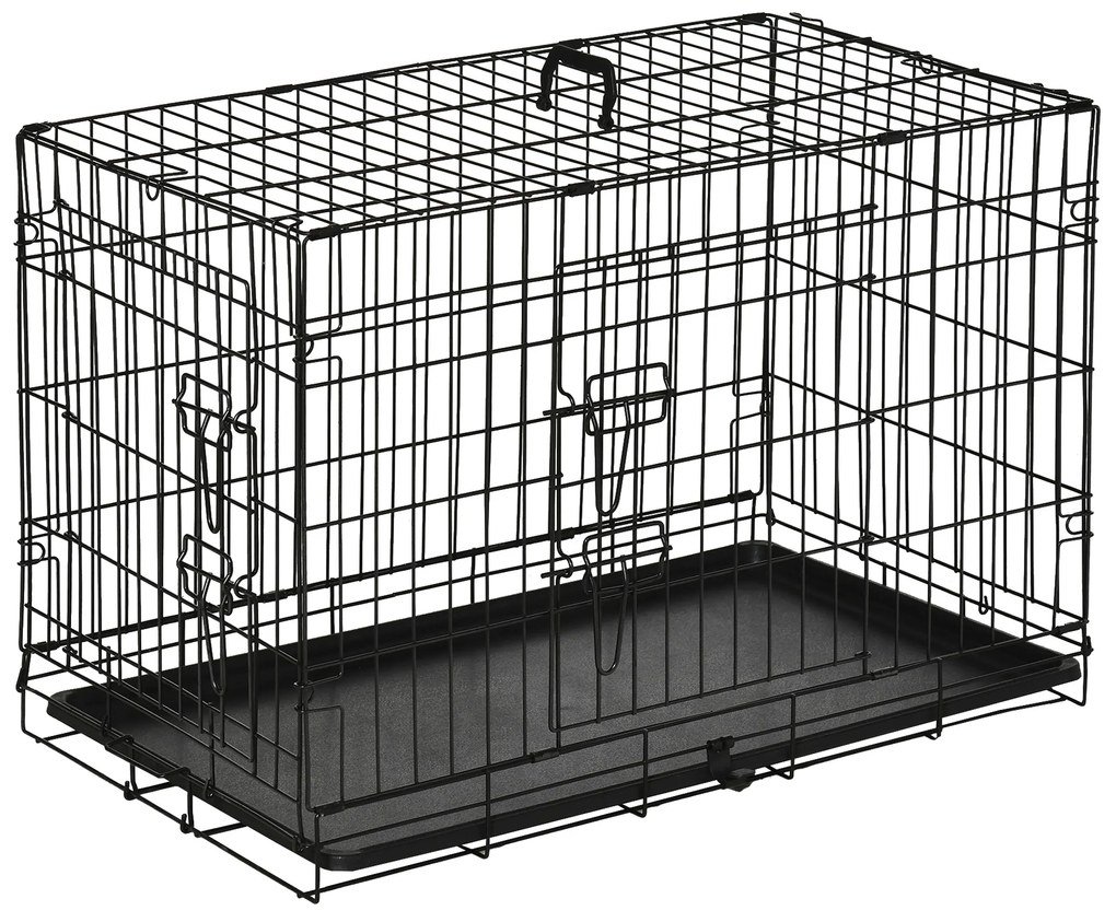 PawHut Gaiola para Cães com 2 Portas Gaiola para Animais de Estimação de Arame Dobrável com Alça de Transporte Aço 76x46x52cm Preto