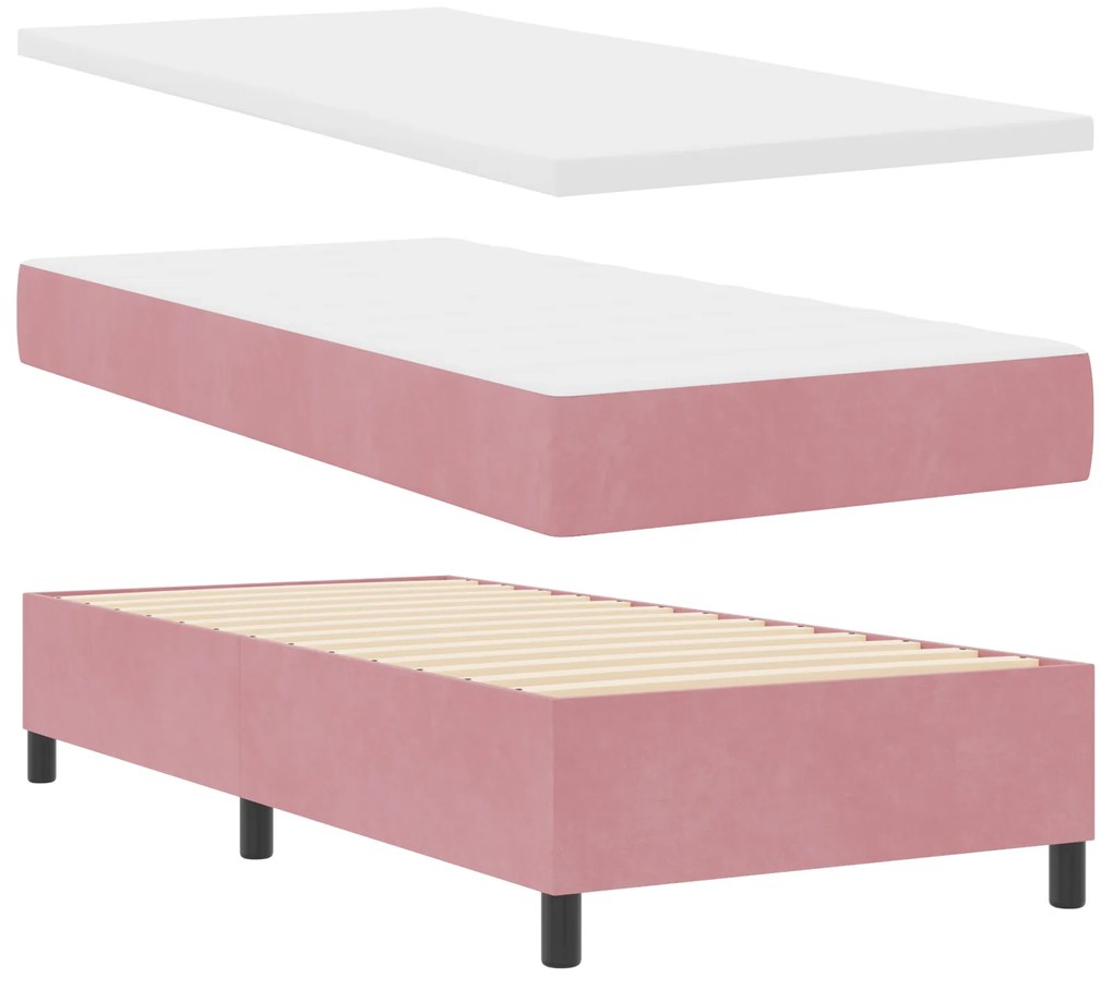 Cama Box Spring com Colchão e Banco Rosa 90x200 cm Veludo