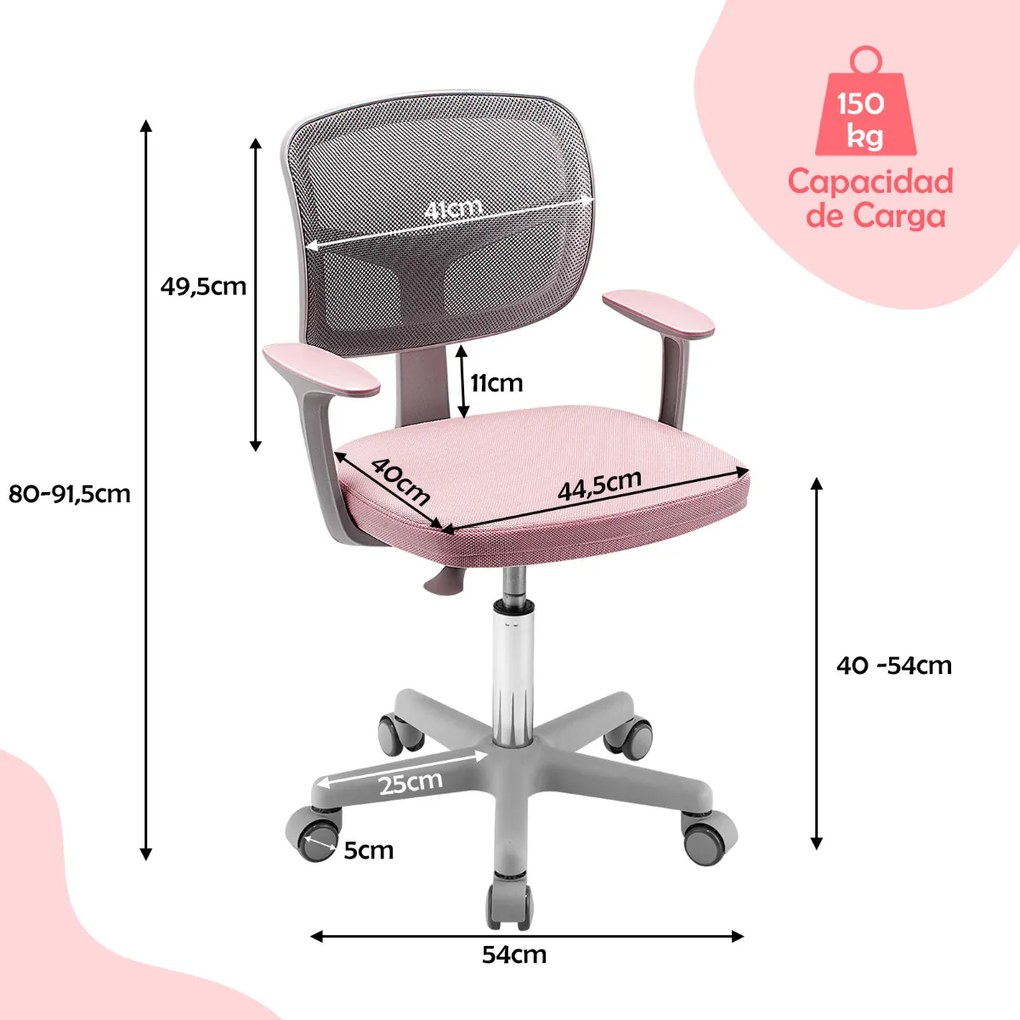 Cadeira de escrivaninha ergonómica para crianças com rodas, trava de pressão, cadeira giratória para computador, altura ajustável, suporte lombar rosa