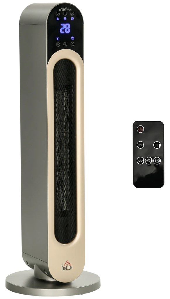 HOMCOM Aquecedor Cerâmico de Torre 1100/2200W com Controlo Remoto Ecrã LED Temporizador de 12h Termostato 3 Modos Ø25x73,5 cm Prata | Aosom Portugal