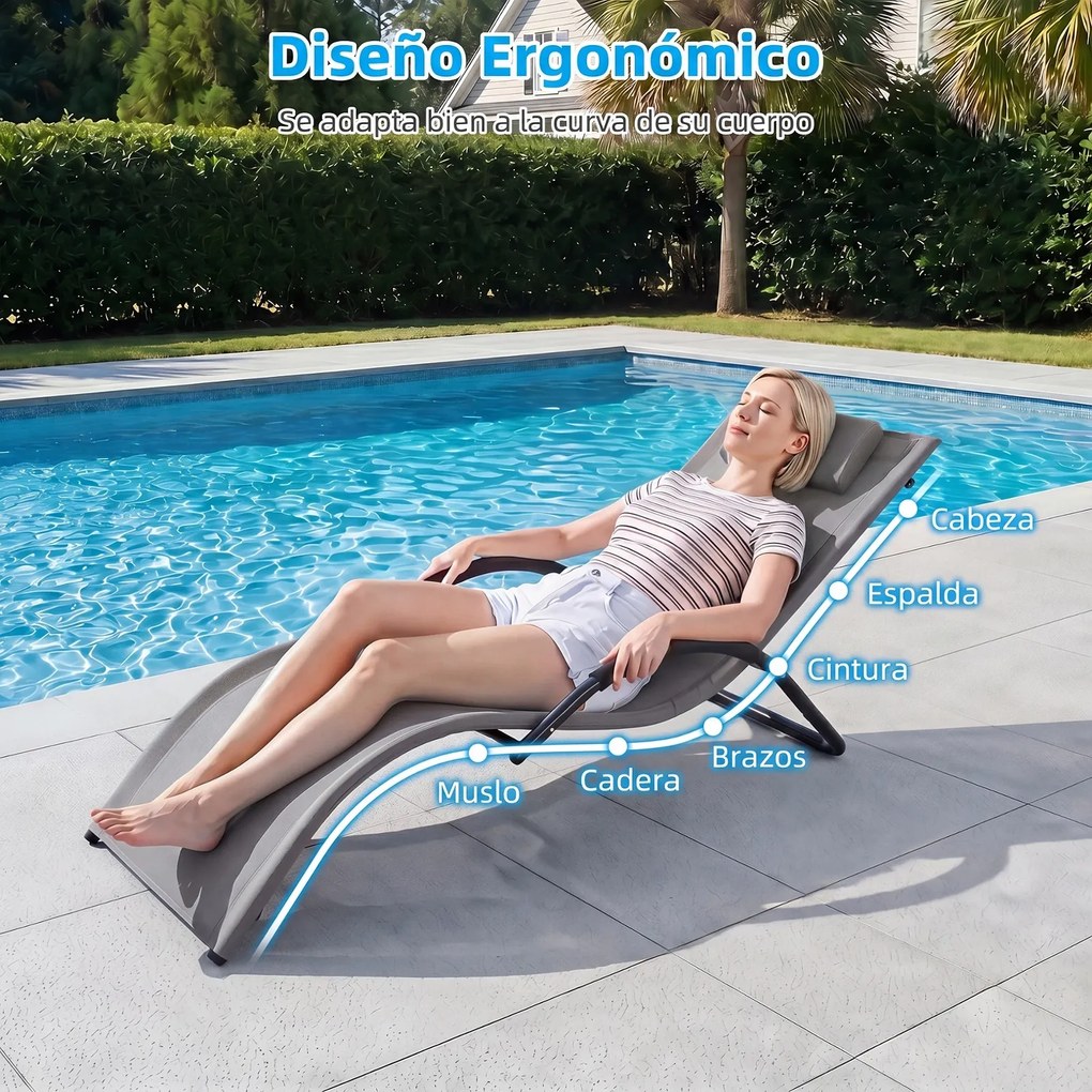 Conjunto de 2 espreguiçadeiras de exterior com estrutura curva, encosto de cabeça removível e apoios de braços ergonómicos para jardim, ou praia, cinz
