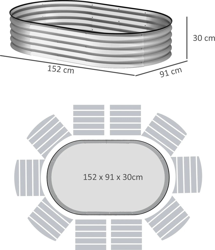 Conjunto de 2 floreiras elevadas em aço galvanizado 152 x 91 x 30 cm, kit de floreiras de jardim com rebordo em borracha, prateadas