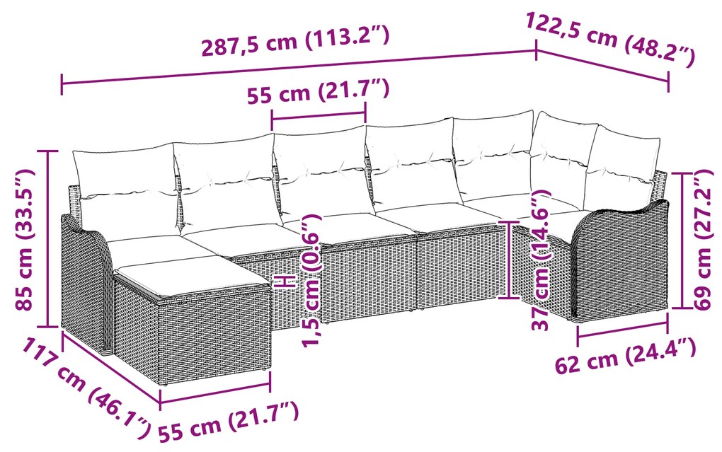 Conjunto de Sofá de Jardim de 7 Peças com Almofadas Rattan Preto vidaX