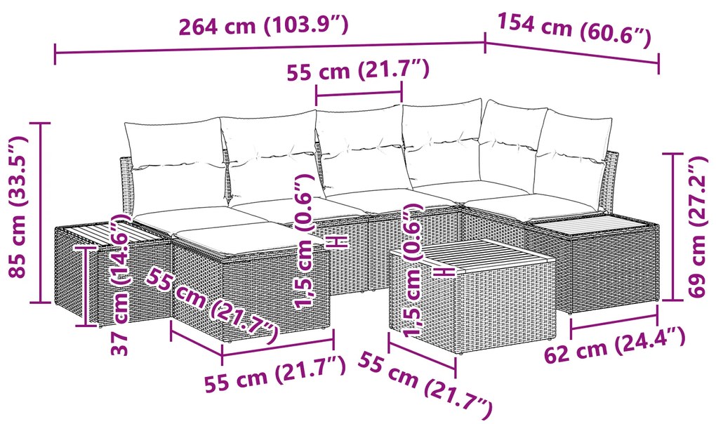 Conjunto de Sofá de 7 Peças com Almofadas Bege Rattan Poliéster Acácia