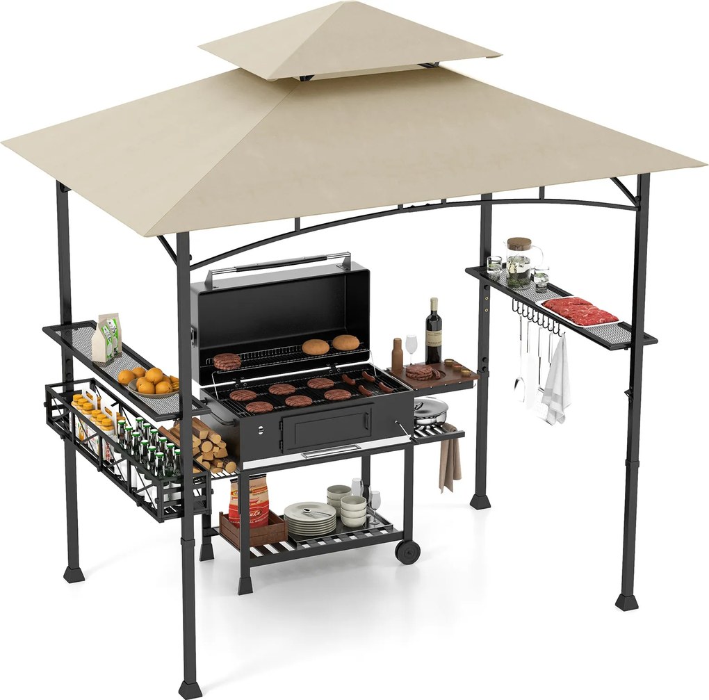 Tenda 242 x 153 cm com 2 estantes laterais, cesto, ganchos e abridor de garrafas; Estrutura metálica para jardim ou pátio, cor bege
