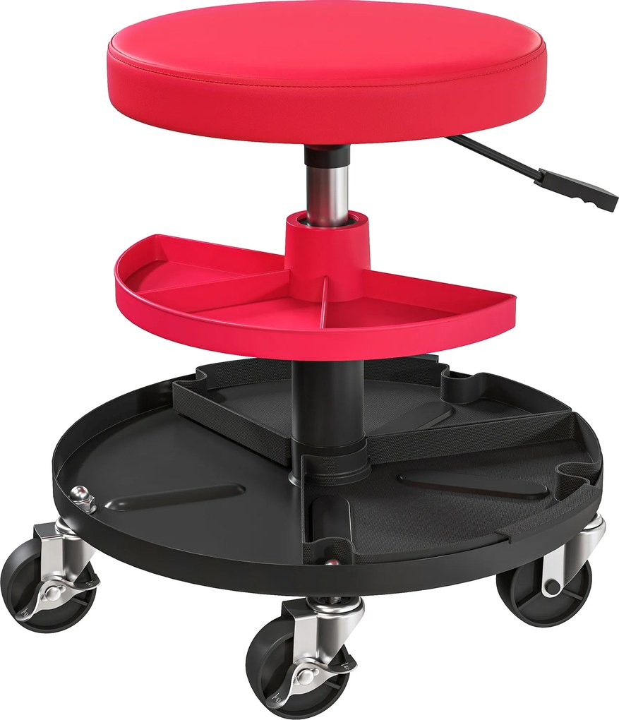 Banco de Oficina Giratório com Rodas Altura Ajustável de 40-51 cm Banco para Mecânico com 2 Bandejas para Ferramentas, Vermelho