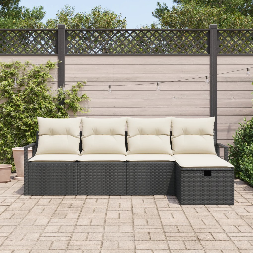 Conjunto de Sofá de Jardim de 5 Peças com Almofadas Vime PE Preto, Sof