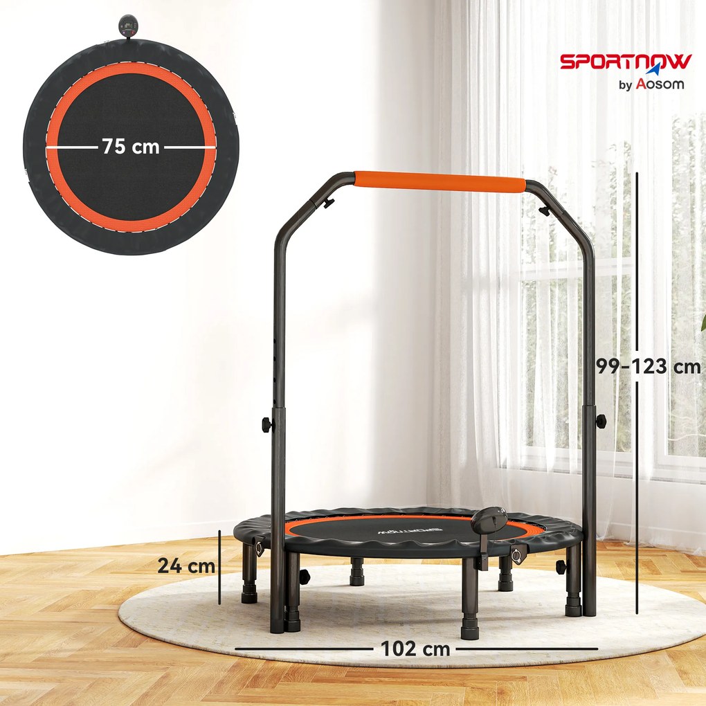 Trampolim de fitness e ginástica com pega ajustável, dobrável, 6 pés, 28 molas, Ø 102 cm, preto e vermelho