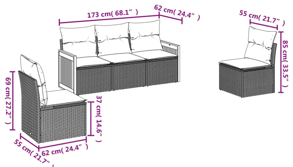 5 pcs conjunto de sofás p/ jardim com almofadões vime PE bege