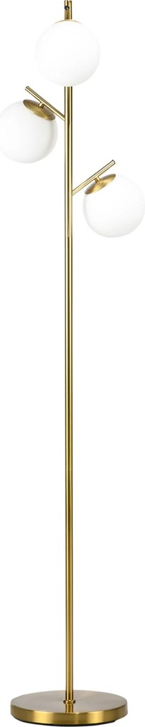 Candeeiro de pé para sala de estar em metal com 3 abajures esféricos brancos em vidro fosco, 40 W, Ø 27 x 169 cm (altura), acabamento dourado