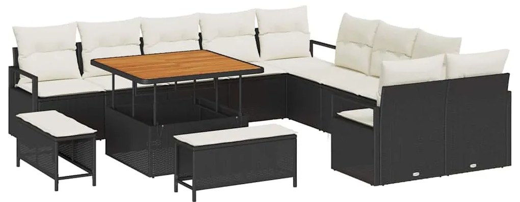 Conjunto de Sofá de Jardim 13 Peças com Almofadas Preto Rattan Poliléc