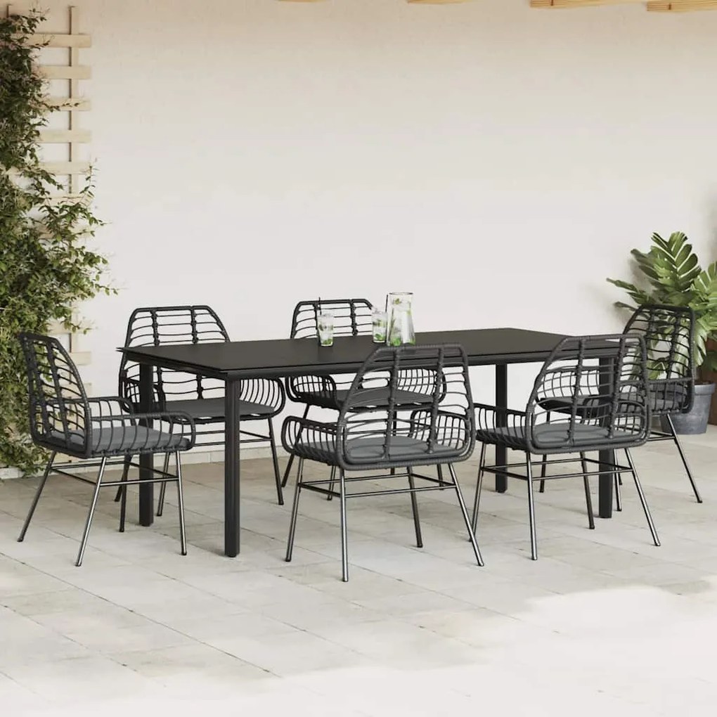 Conjunto de jantar jardim 7 peças almofadas vidro vime PE preto