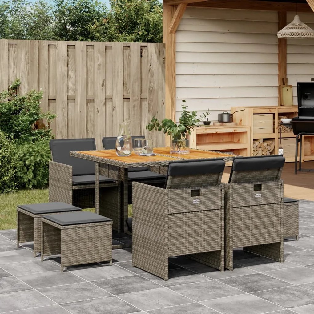 vidaXL 9 pcs conjunto de jantar p/ jardim c/ almofadões vime PE cinza