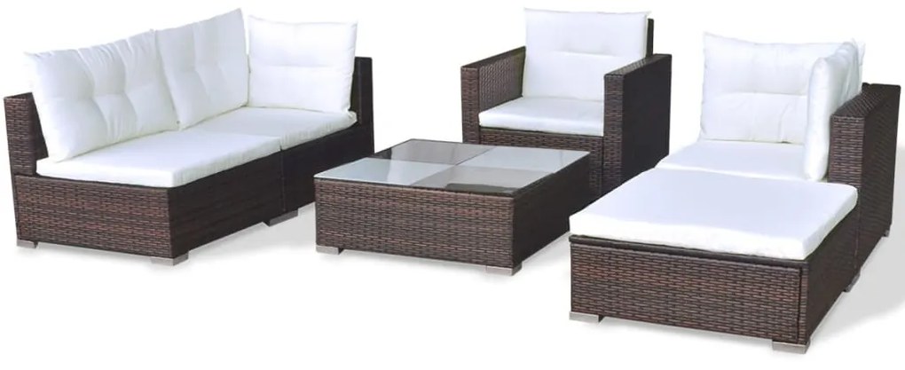 6 pcs conjunto lounge jardim c/ almofadões vime PE castanho