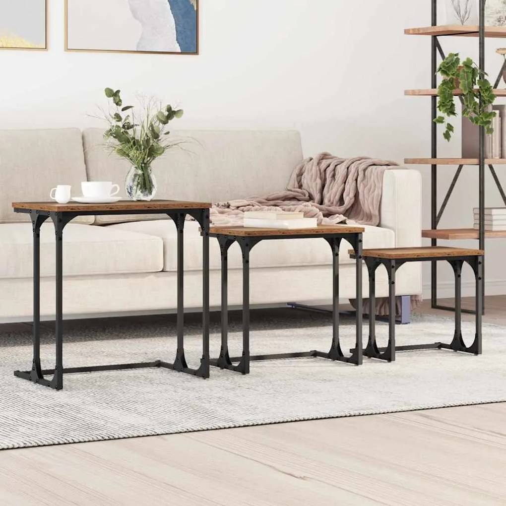 vidaXL Mesa de Café Empilhável 3 pcs Madeira antiga 50.5 x 35 x 53 cm
