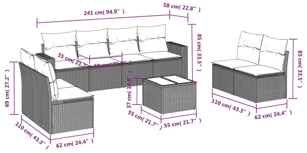 9 pcs conjunto sofás p/ jardim com almofadões vime PE cinzento