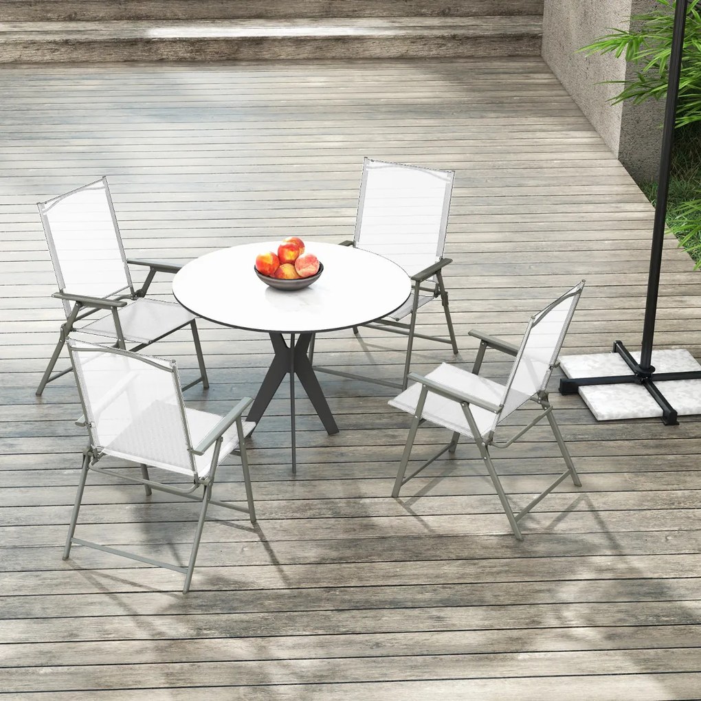 Conjunto de 4 cadeiras de jardim dobráveis com encosto alto Cadeira de jardim exterior portátil em metal de tecido resistente Brancas
