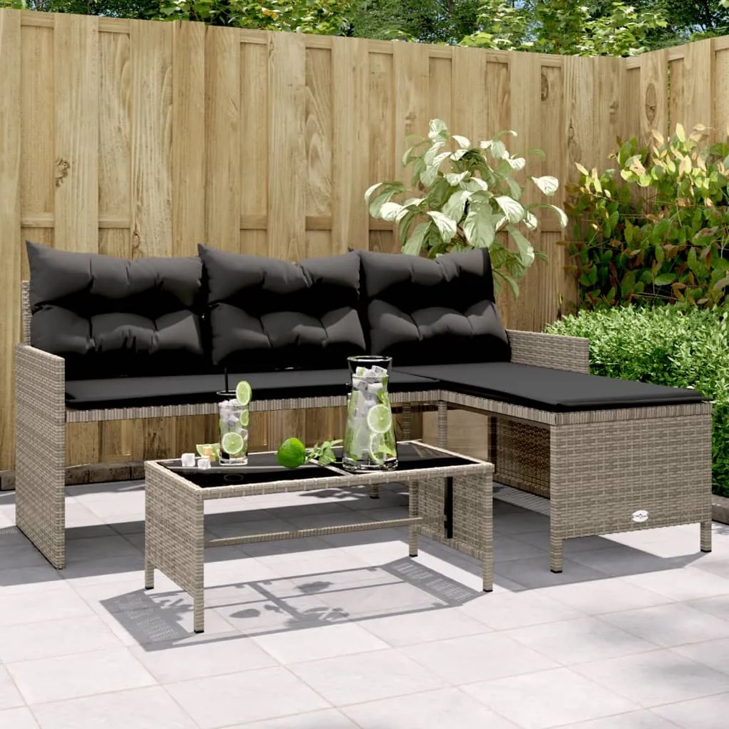 vidaXL Sofá de jardim forma de L c/ mesa e almofadões vime PE cinzento
