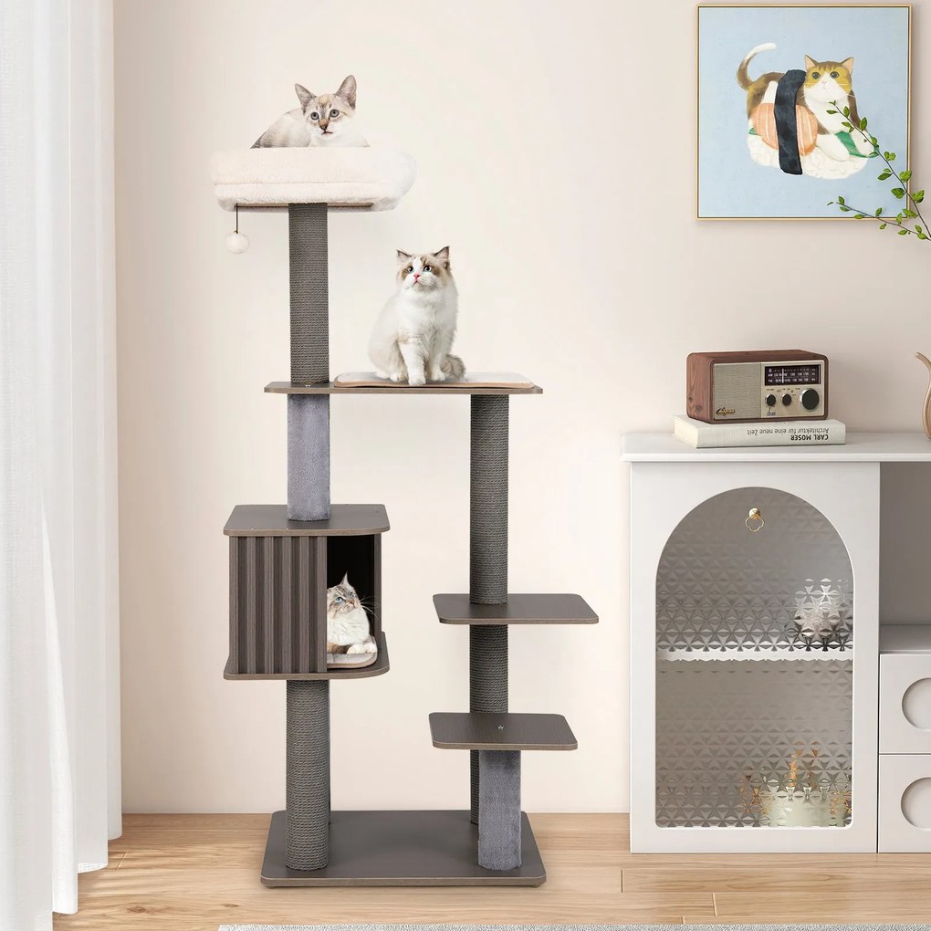 Arranhador de 151cm com caverna para gatos, postes para arranhar, bola e almofadas removíveis