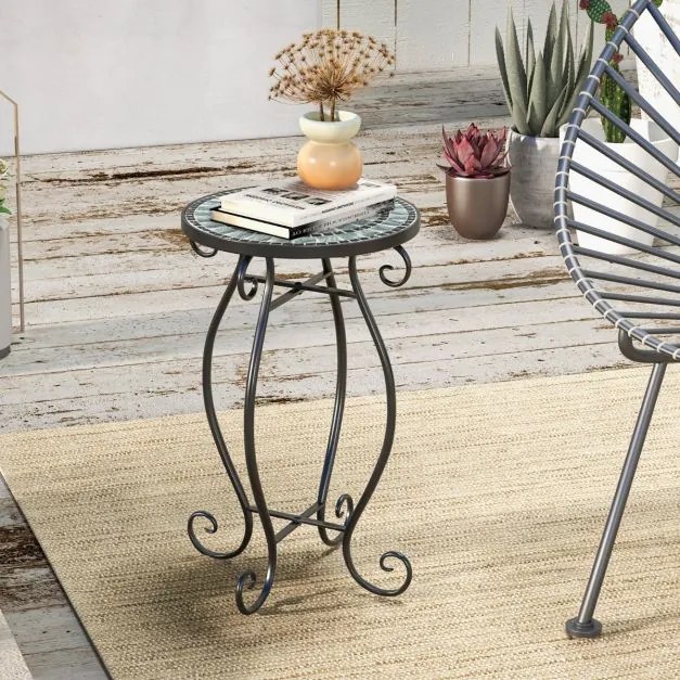 Mesa de apoio jardim em mosaico Mesa redonda de exterior com tampo de cerâmica para plantas para varanda, pátio, jardim 30 x 30 x 50 cm Turquesa