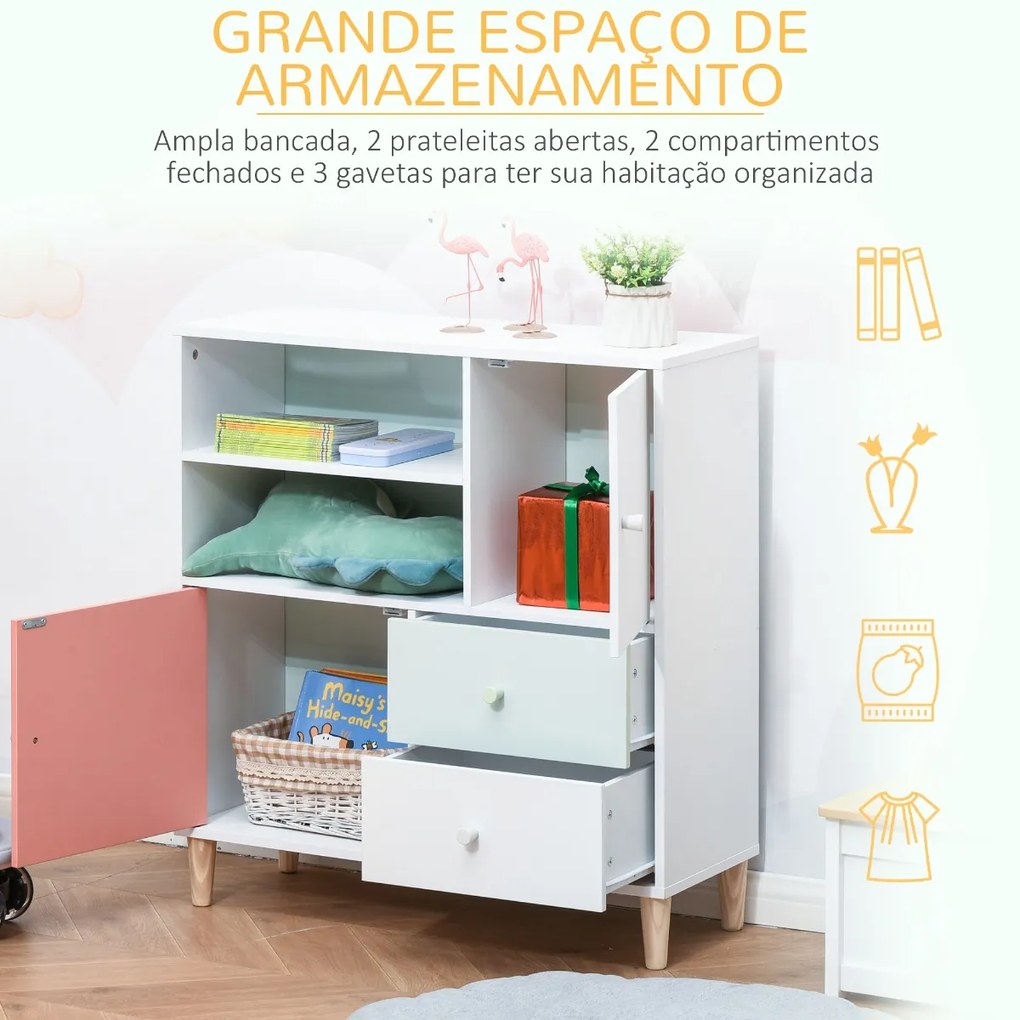 Móvel Infantil Cómoda para Crianças com 2 Compartimentos 2 Gavetas e 2 Armários para Armazenamento de Livros Brinquedos Roupa 80x30x85cm Coral Verde Menta Branco