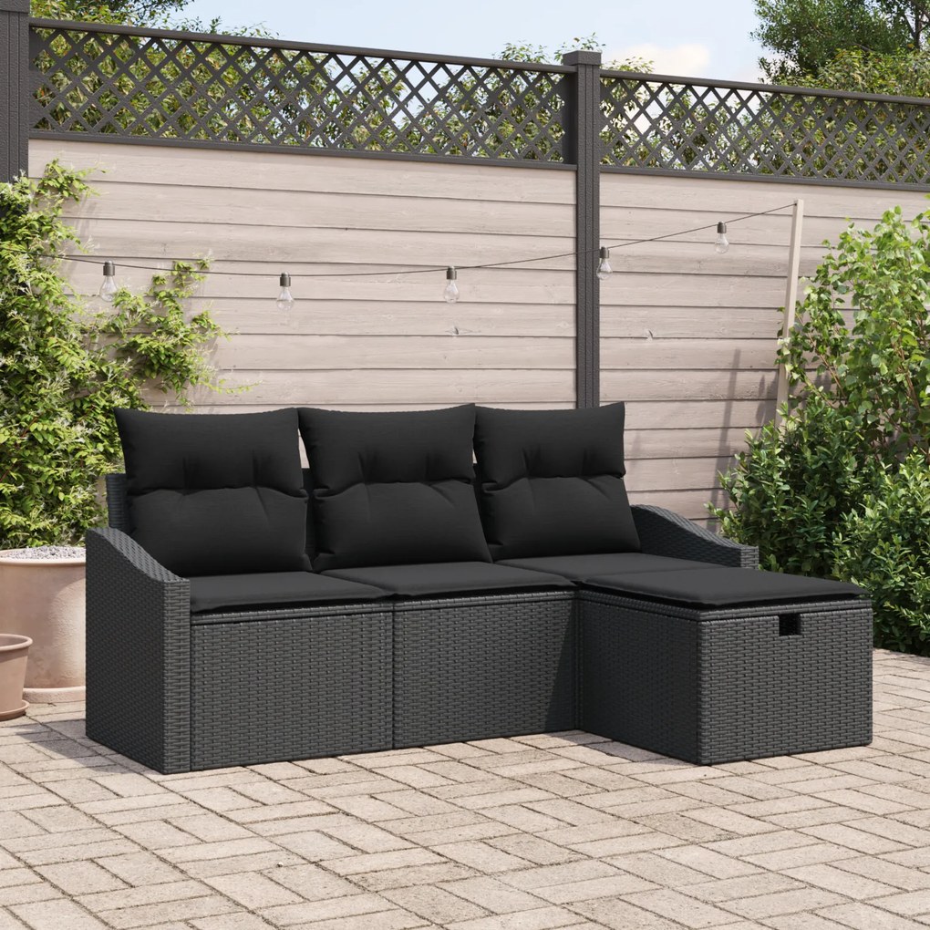 Conjunto de Sofás de Jardim de 4 Peças com Almofadas Preto Vime Sintét