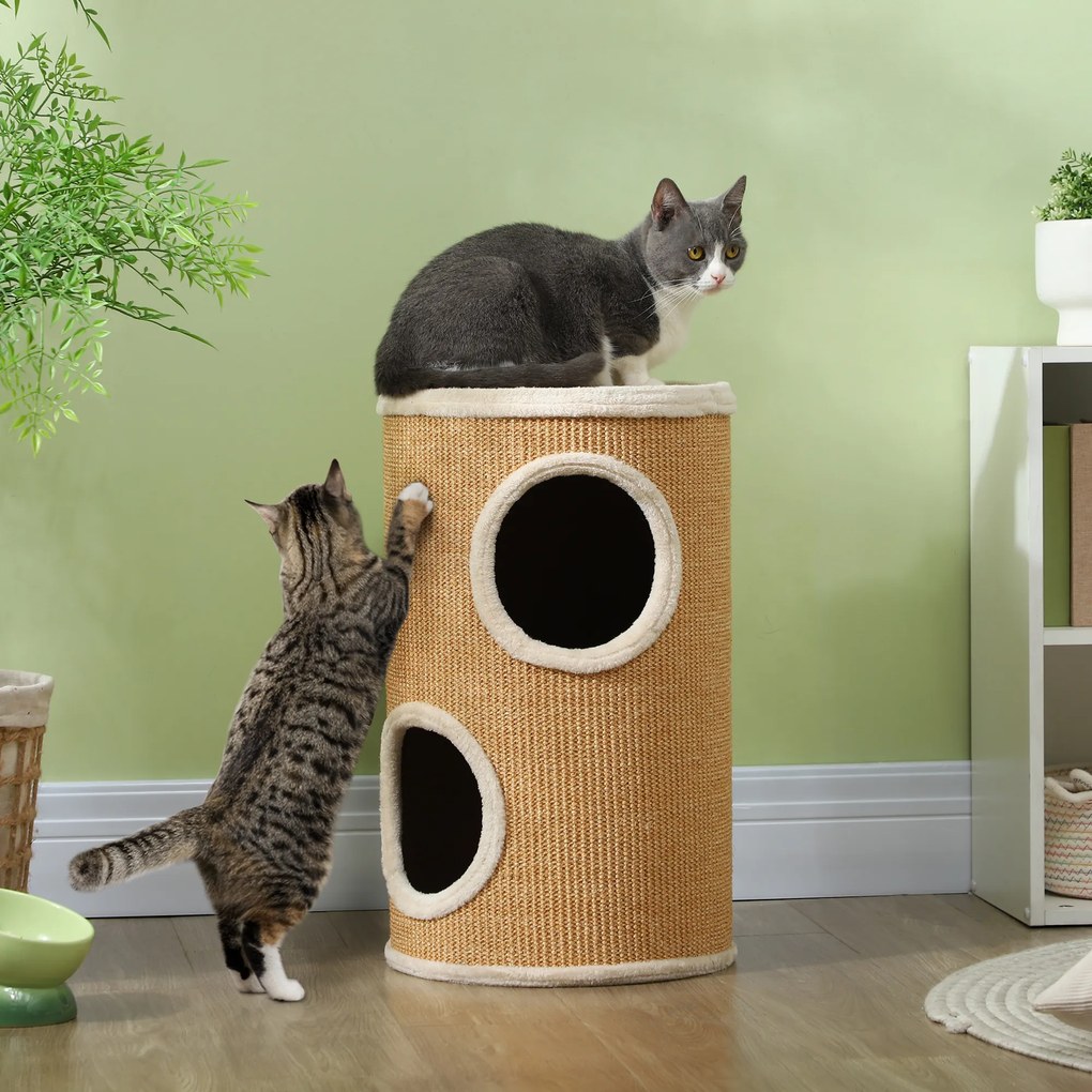 Barril Arranhador para Gatos de 2 Andares Arranhador para Gatos com 2 Cavernas e Cobertura de Sisal Ø35x60 cm Castanho