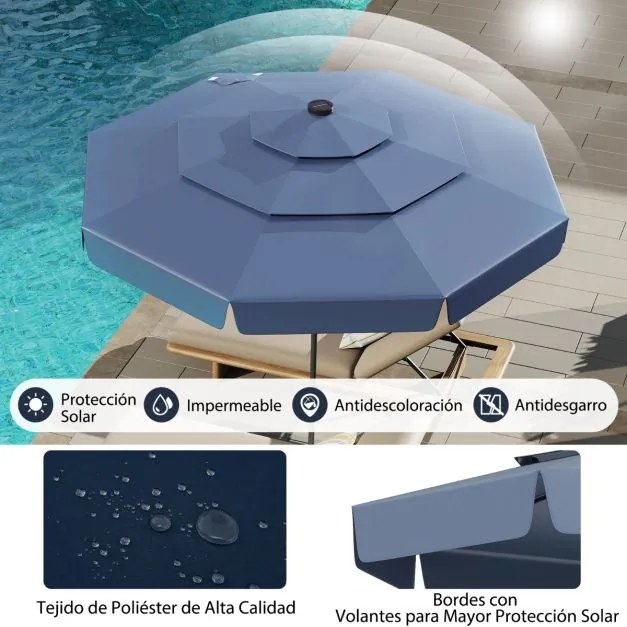 Guarda-sol solar de 300 cm com 32 luzes LED, parte superior ventilada com 3 níveis e ajuste de inclinação Azul marinho