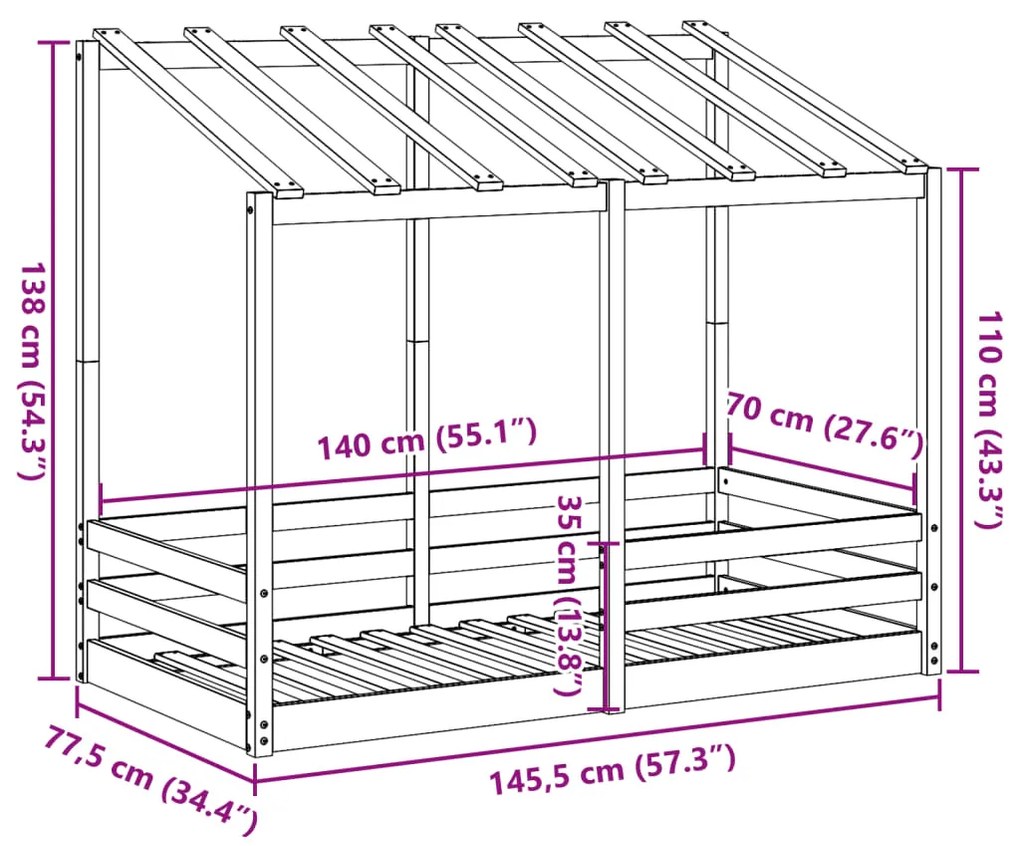 Cama infantil com telhado 70x140 cm madeira de pinho maciça