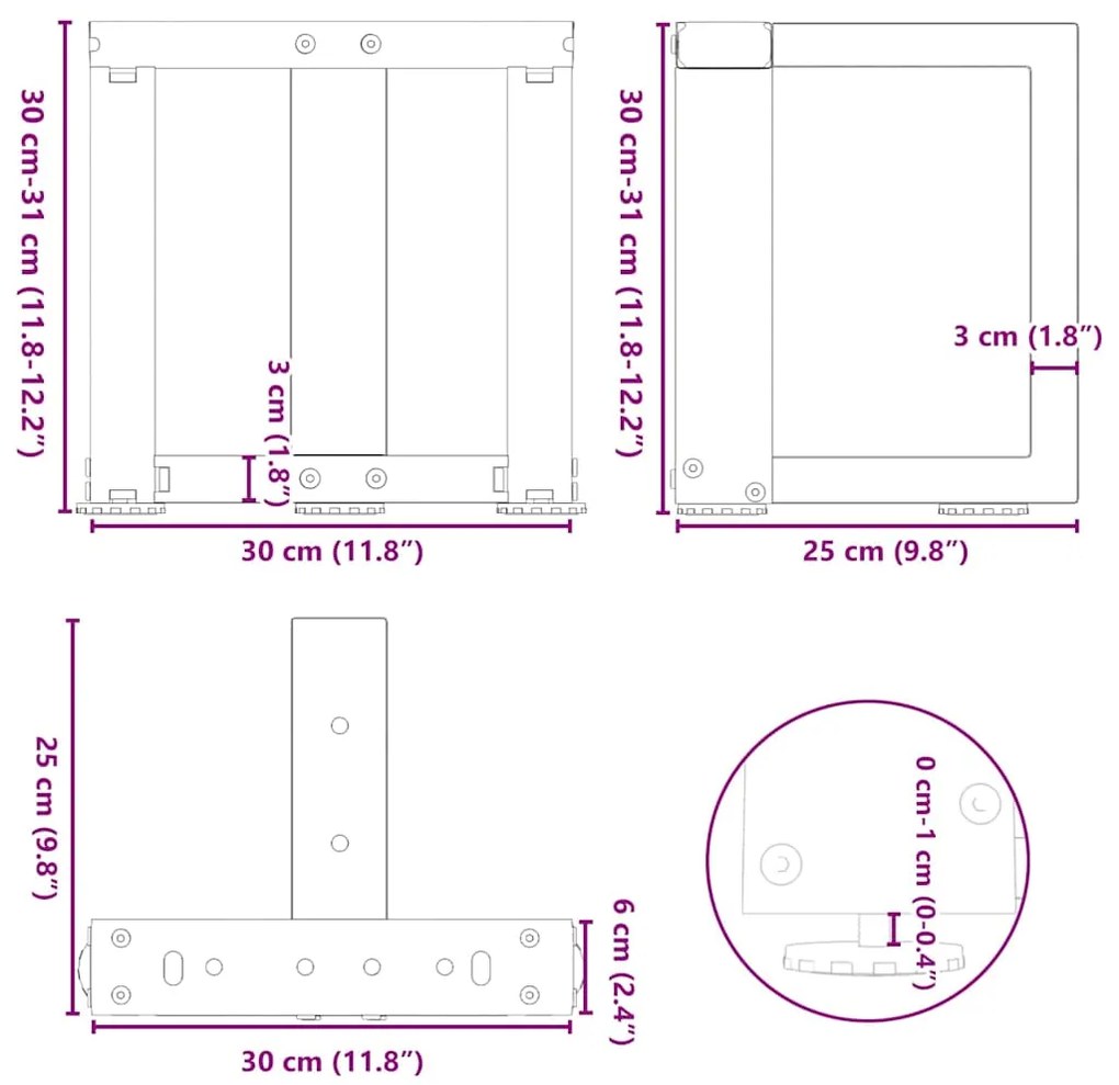 Pés para mesa de centro em forma de T, 2 peças, preto, 30x25x(30-31) c