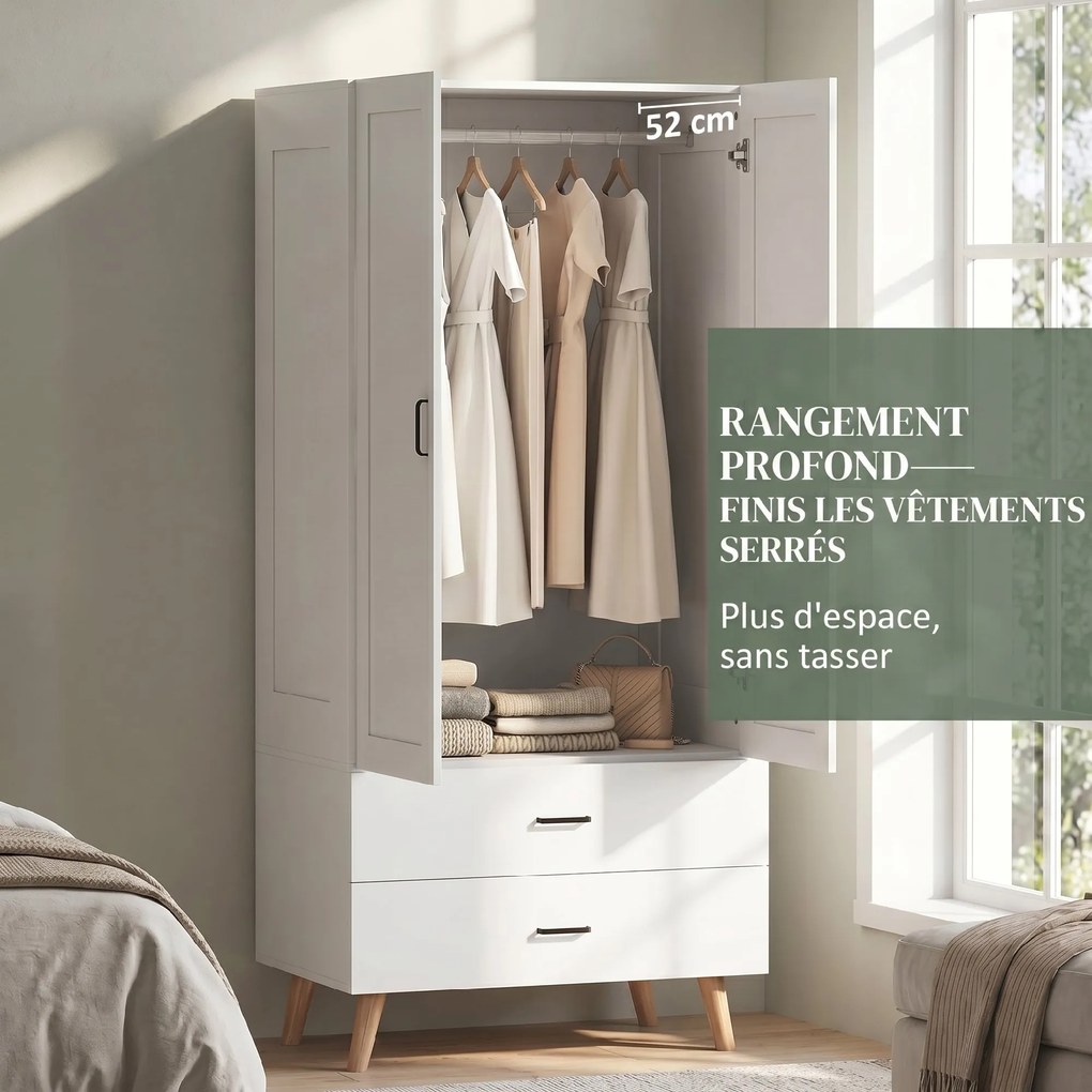 Guarda Roupa com 2 portas 80 x 54 x 180 cm com fecho suave, 2 gavetas e barra para pendurar roupa, branco